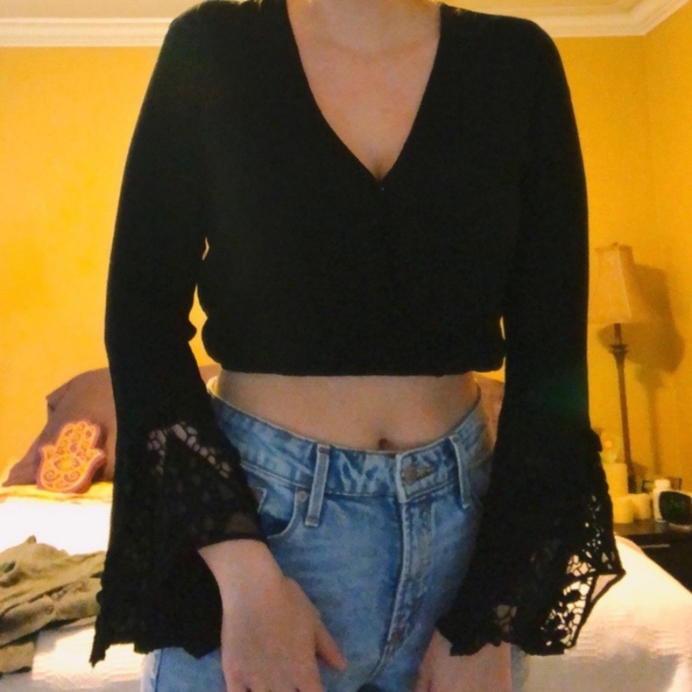 Black crop top with bell sleeves